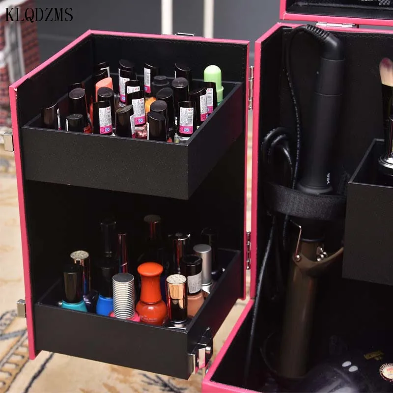 US $115.70 KLQDZMS PVC Multifunctional Cosmetic Nail Makeup Storage Box Large Capacity Trolley Luggage For Makeup Artist Beautician