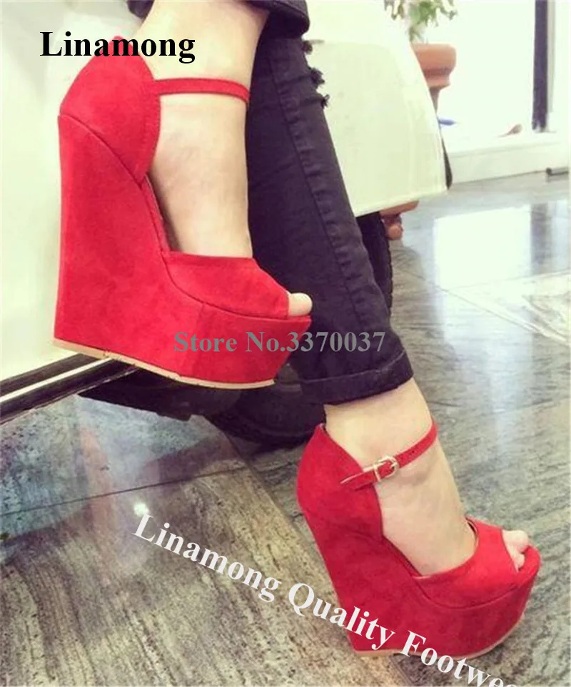 

Linamong Spring Fashion Peep Toe Suede Leather High Platform Wedge Pumps Red Ankle Strap Height Increased Wedges Dress Heels