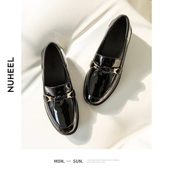 

NUHEEL Women's Shoes British Style New Spring and Autumn Black Patent Leather with Wild Thick Heel Round Elegant Woman Shoes