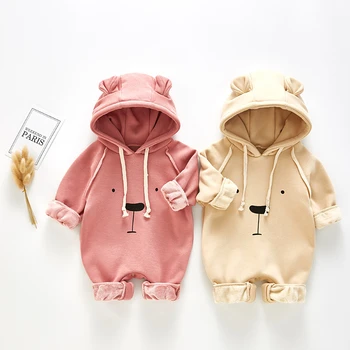 

Ins Autumn And Winter Newborn Rompers Thickened Fleetened Korean Tie Bear Ear Printed Bear Loose Suit Jumpsuits Climbing Suits