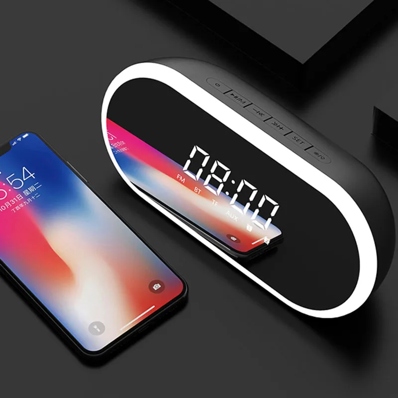 Умный будильник Зеркало беспроводной Bluetooth цифровой fm-радио с светильник Портативный Led стерео динамик часы - Цвет: black