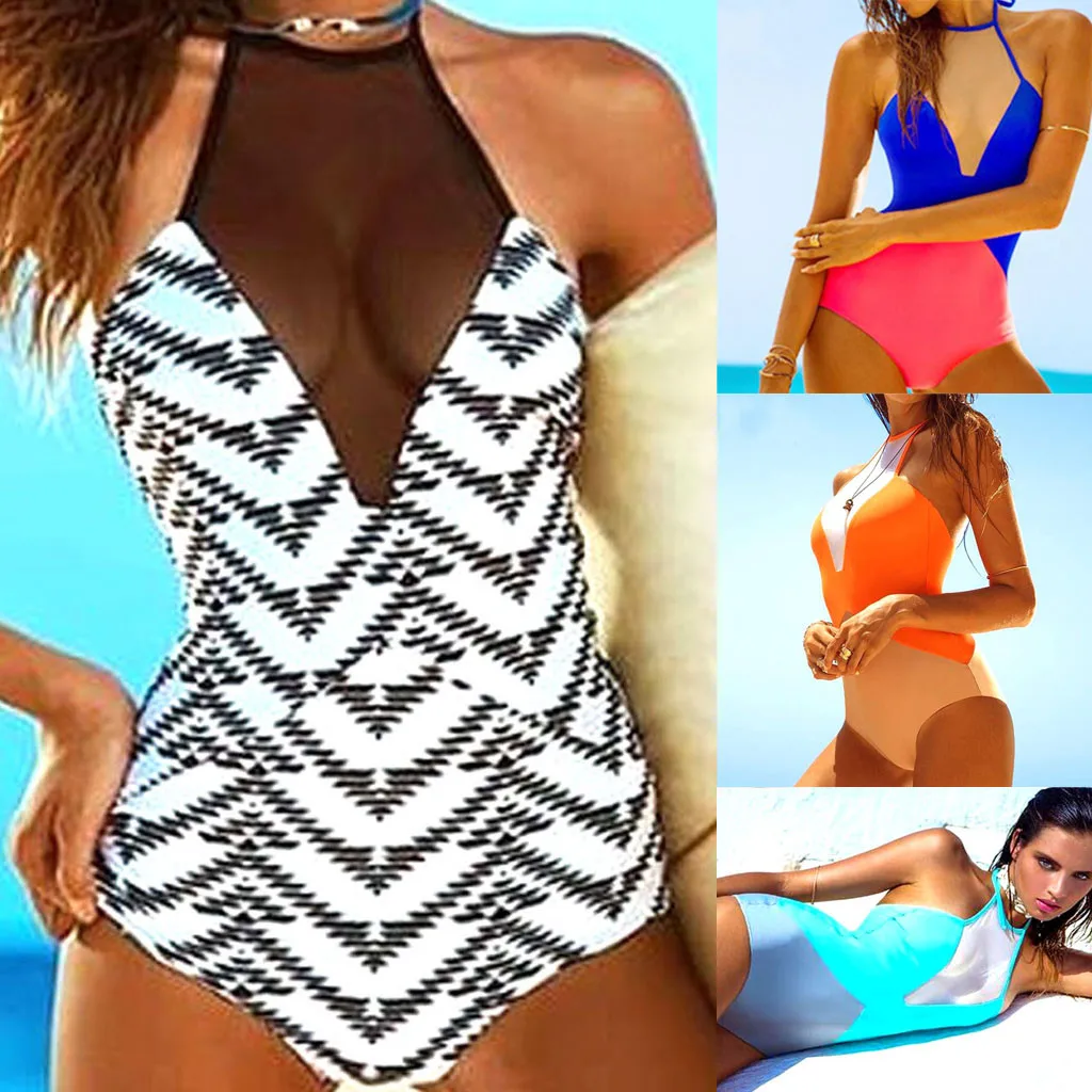 JAYCOSIN One-piece sexy mesh gauze strap women swimwear stitching color printing new beach bikini swimwear trendy temperament 