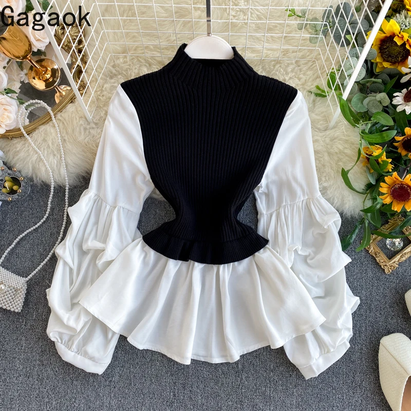 

Gagaok Women Knitted Spliced Blouse Spring Autumn New Solid Turtleneck Puff Sleeve High Street Slim Wild Female Fashion Shirt