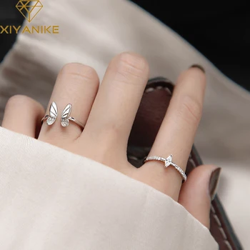 

XIYANIKE 925 Sterling Silver Korean White Three-dimensional Butterfly Zircon Double Ring Set Unique Design Insect Combination