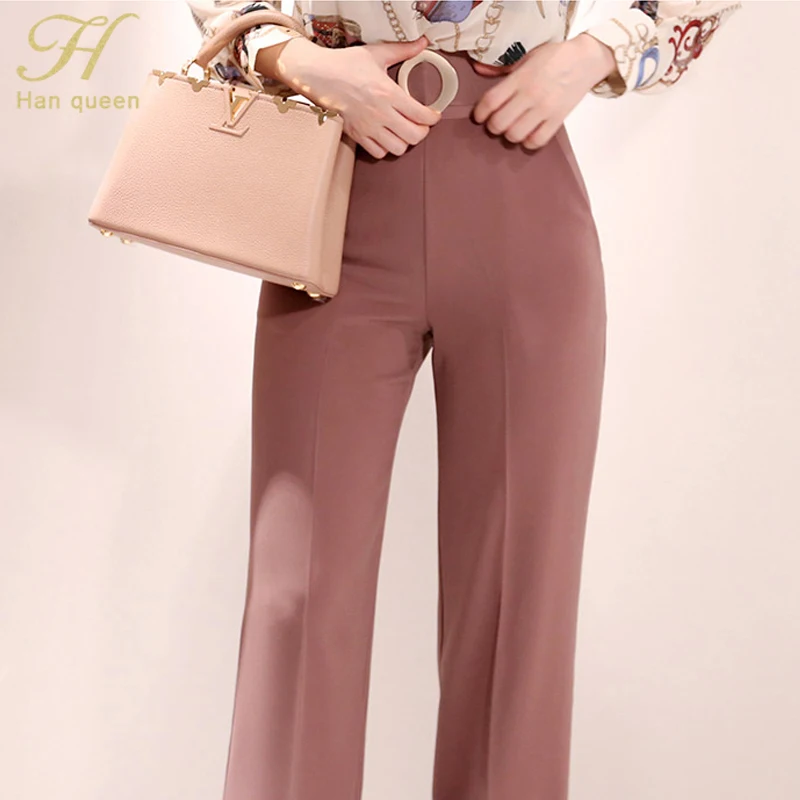 H Han queen офисная одежда OL осень 2 шт. Комплект женский шифоновое в Корейском стиле рубашка с принтом Блузки и высокая Талия Длинные брюки костюмы - Цвет: Brown Pants