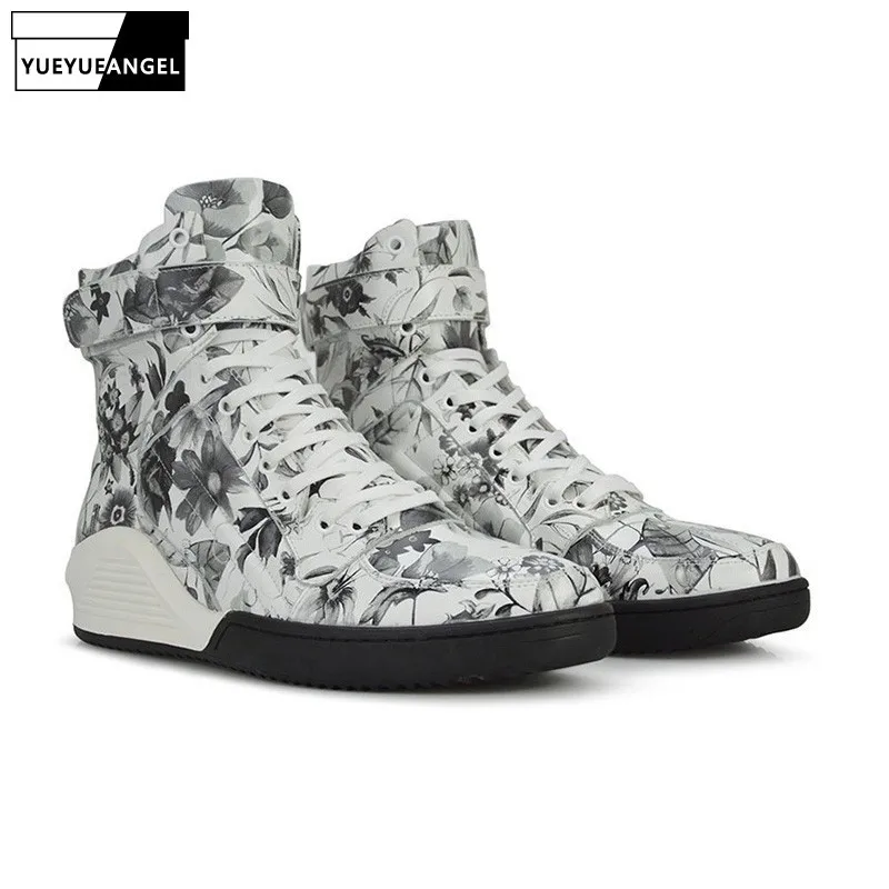 Autumn New Arrival Men Shoes Lace Up Comfortable Breathable For Genuine Leather Boots Punk Print Floral Embellished White | Обувь