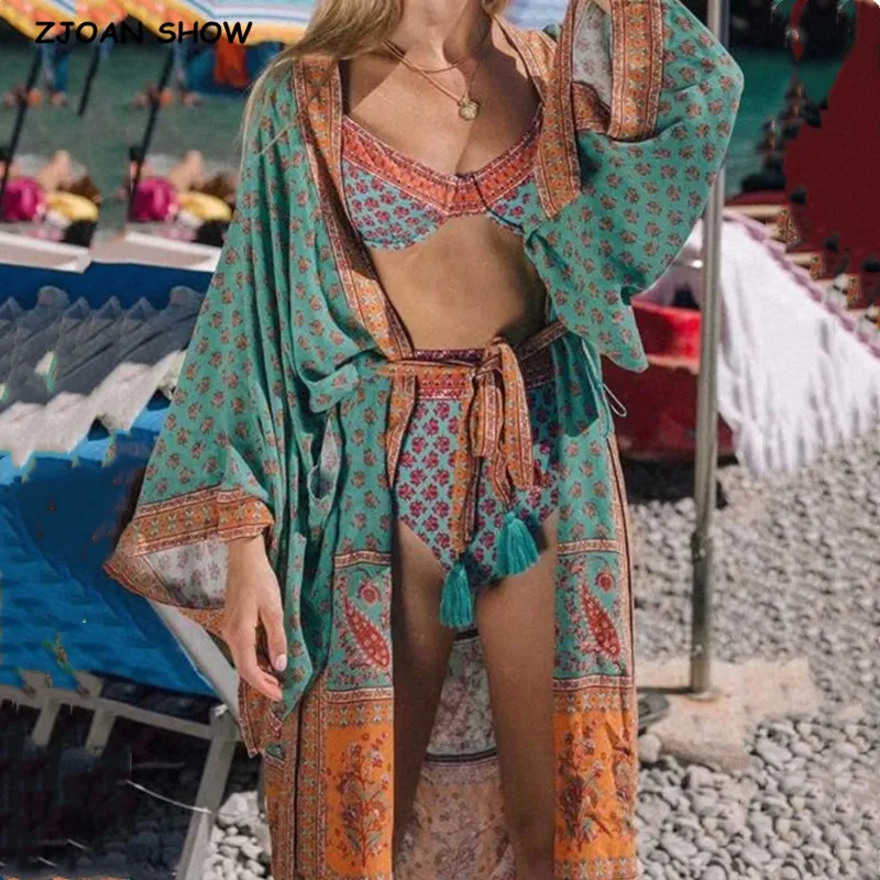 Kimono Blouse Cardigan Batwing-Sleeve Womens Shirt Bohemian Vintage Long-Design Beach