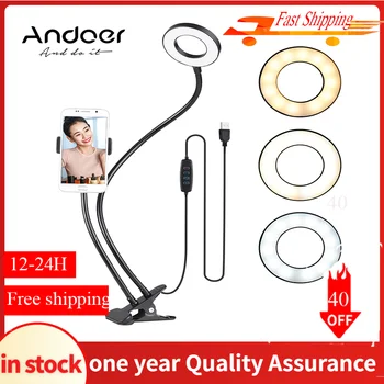 

Andoer Two in One LED Ring Light with Cell Phone Holder Stand for Live Stream Makeup Selfie Recording Lighting for Smartphone