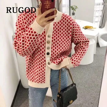 

RUGOD 2019 sweater cardigans for women new 2019 winter warm argyle pattern thick knitted cost fashion female vintage loose top