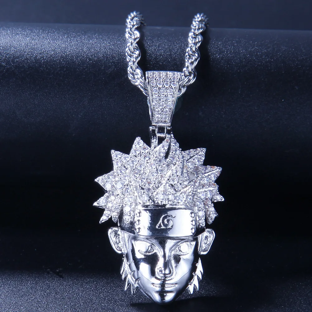 Хип хоп Полный AAA CZ Циркон Bling Iced Out мультфильм Наруто Uzumaki Подвески ожерелье для мужчин Rapper ювелирные изделия золото серебро подарок