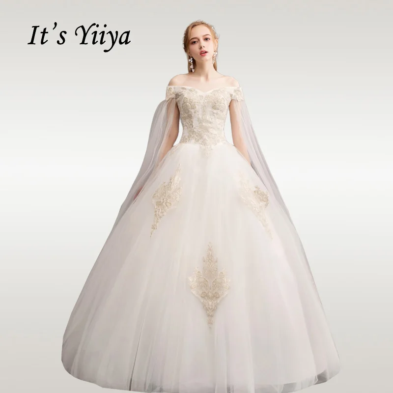 

It's YiiYa Wedding Dresses Boat Neck Gold Embroidery Wedding Dress Long Off Shoulder Plus Size Elegant Vestido De Novia 2020 D28