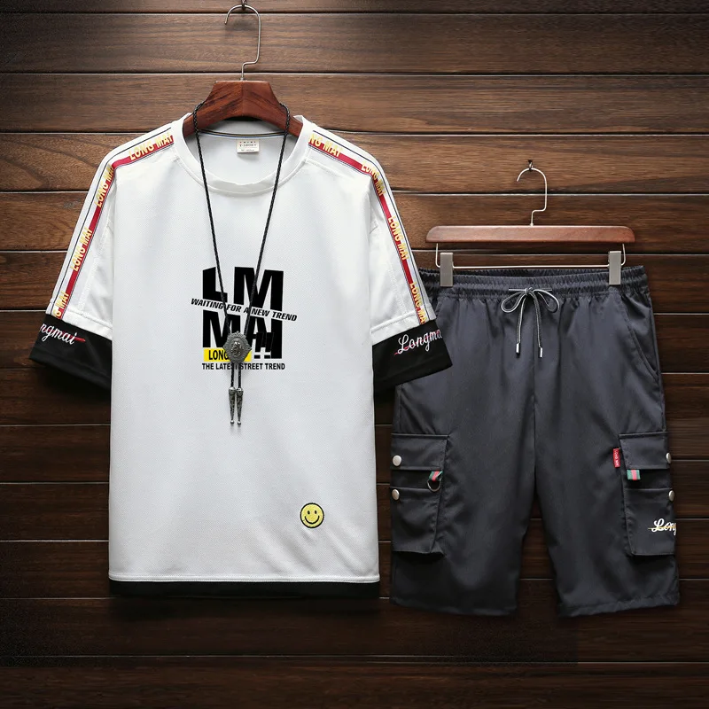 

2019 Summer New Style Japanese-style Casual Printed Large Size Short-sleeved round Collar T-shirt Short Bib Overall Set Men's Tz
