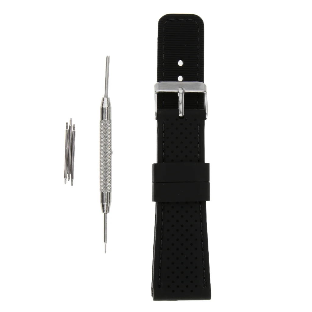 

24mm Black Silicone Breathable Rubber Watchband Sports Men Women Watch Strap Replace with Tools