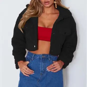 

Autumn and winter jacket ladies warm thick lapels solid color short plush jacket