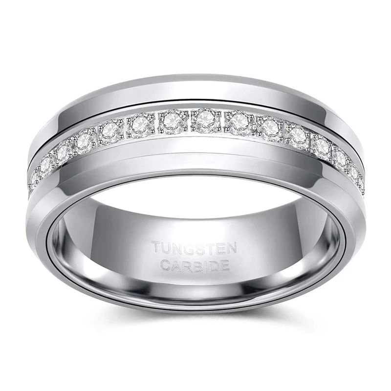 Tigrade 8mm Mens Tungsten Wedding Bands with Cubic Zirconia Trendy Eternity Ring Unisex CZ Inlaid High Polish Size 7-13 2