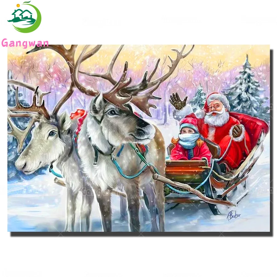 5d diamond painting Santa reindeer little girl snow view full square drill embroidery round mosaic Christmas decoration | Дом и сад