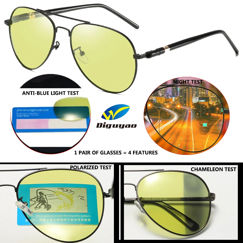 Мужские солнцезащитные очки, поляризационные, uv400, высокое качество, металл, хамелеон, день, ночь, фотохромные, анти-синий светильник, очки для ночного вождения