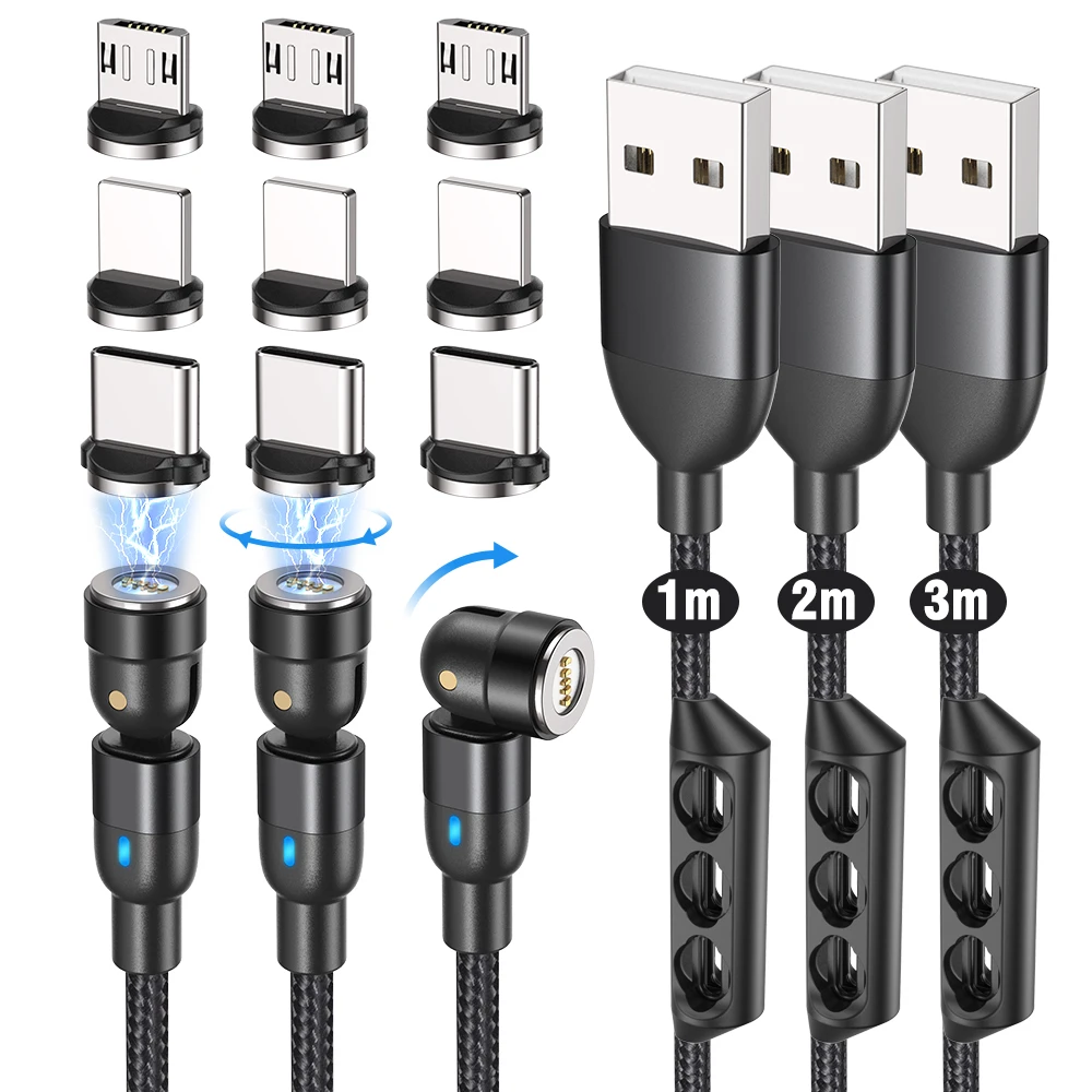 AUFU 3 in 1 Magnetic Fast Charging Cable 2m 1m 3m For iPhone Xiaomi Samsung Type C Cable Micro USB Magnet Charger 3 Pack