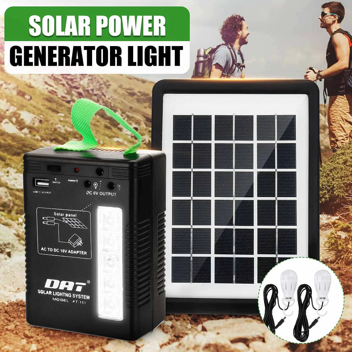 

becornce Solar Power Generator 100-240V USB Charging Solar Panel Storage Generators 2 Bulbs Household Power Generation System