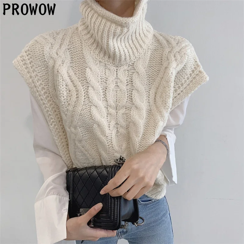 

Fashion Twist Pattern Short Pullover Waistcoat Autumn Winter Turtleneck Sleeveless Sweater Vest Casual Loose Knitwear Tops 2020