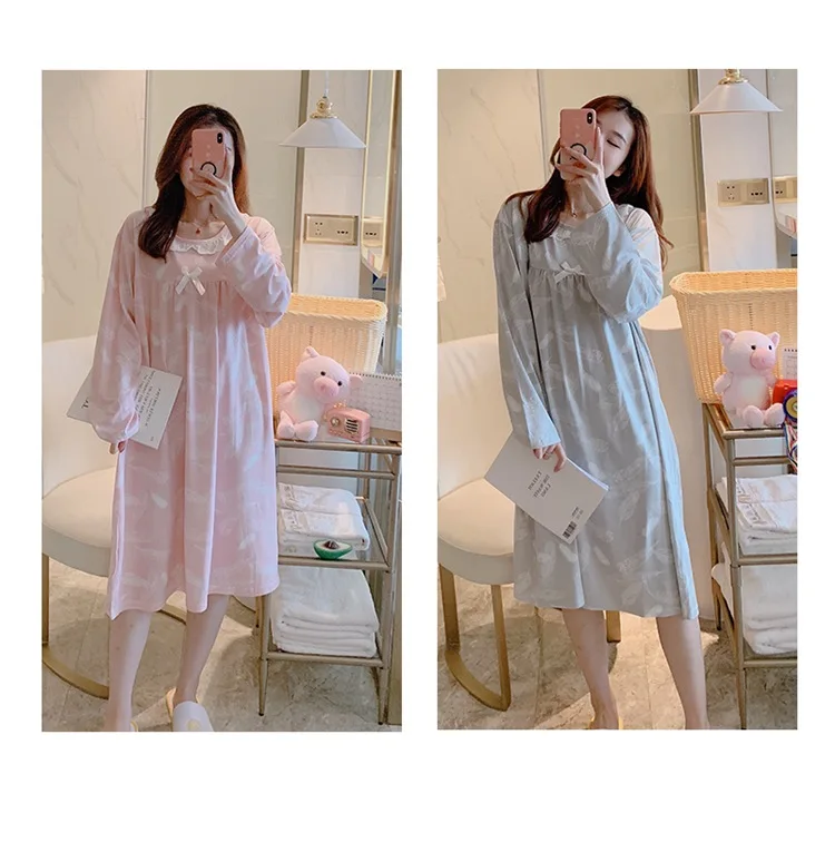 Spring Autumn Casual Plaid Cotton Nightgowns for Women Long Sleeve Loose Night Dress Home Dress Sleepwear Nightdress Nighty