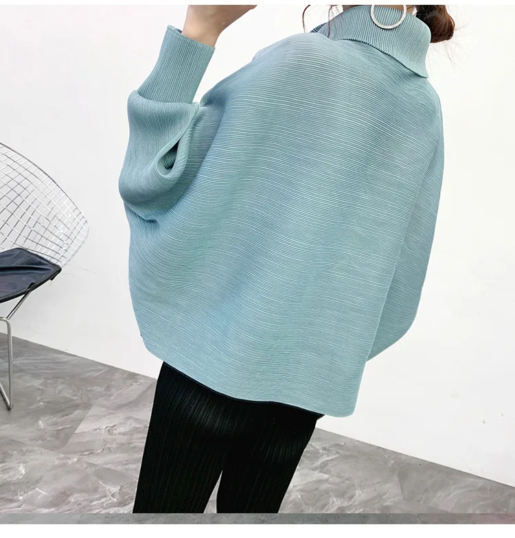 New Winter Plus Size Women Tshirt Solid Turn-down Collar Long Sleeves Bottoming Miyake Pleats Casual Loose Ladies Hoodies