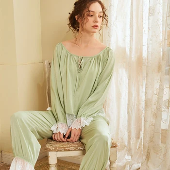 

Women's Loose-fit Cotton Sleepwear Sleeping Tops Trousers Sweet Princess Pajamas Sets Long Sleeve Green Pink Homewear Suit