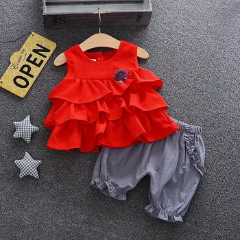

2pcs/ set Red Chiffon Pleated Skirt + Pants Summer Korean Girls Dress toddler clothes boutique kids clothing outfit 0-4 years