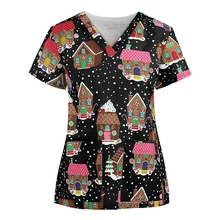 

S-3XL 17Styles Christmas Cartoons Printed V-neck Short Sleeve Nurse Working Uniform Casual Breathable Women Surgical Gown Tops