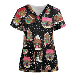 S-3XL 17Styles Christmas Cartoons Printed V-neck Short Sleeve Nurse Working Uniform Casual Breathable Women Surgical Gown Tops