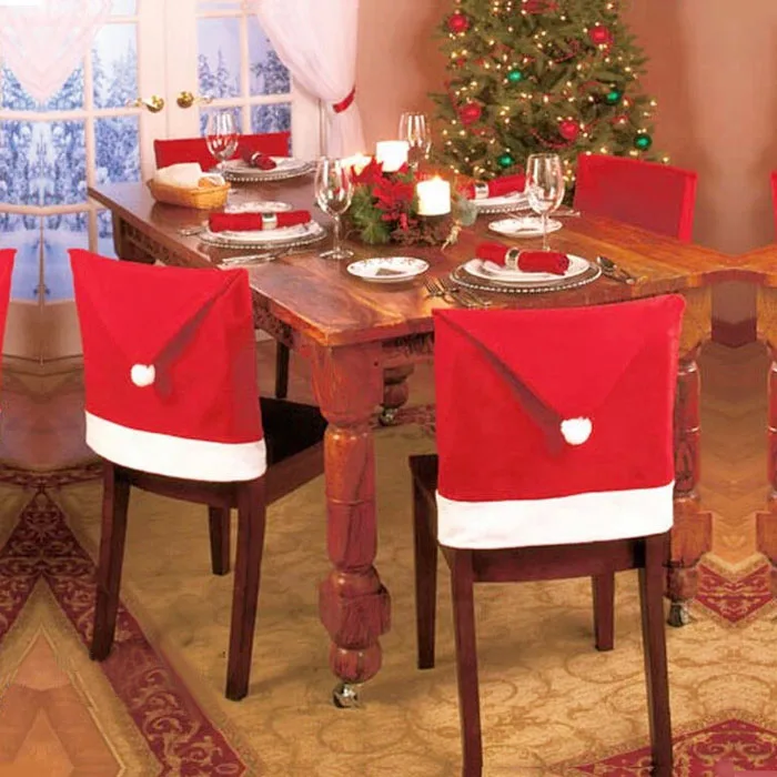 Рождественские чехлы на стулья, шапка Санта Клауса, рождественские вечерние чехлы на стулья, вечерние новогодние принадлежности