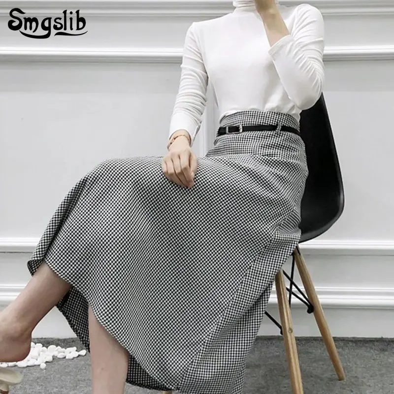 Модная новая весенняя Осенняя юбка миди, винтажная английская Стильная Офисная Женская клетчатая длинная юбка в ломаную клетку
