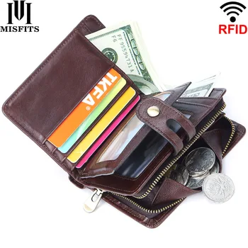 

MISFITS 100% Genuine Leather RFID Vintage Men's Wallet Short Hasp Wallets with Coin Pocket Small Zipper Male Purse Card Holders