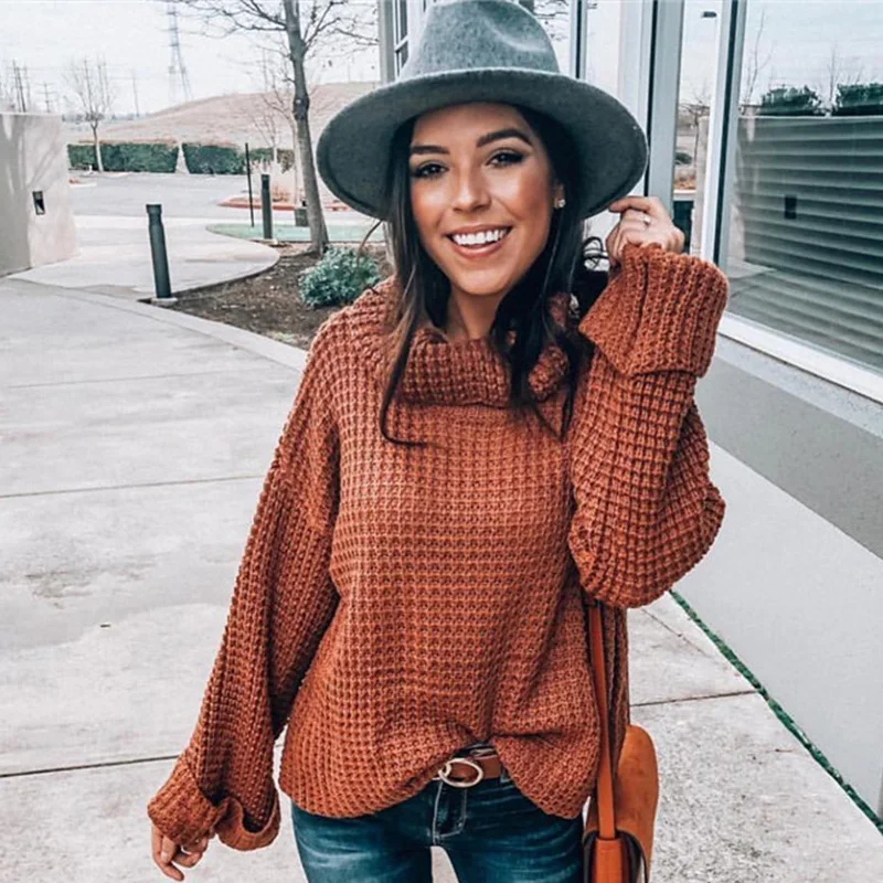 

ALLNeon Fashion Turtleneck Sweater for Women Solid Oversized Long Sleeve Knitted Pullovers Cut out Ladies Winter Sweaters 2019