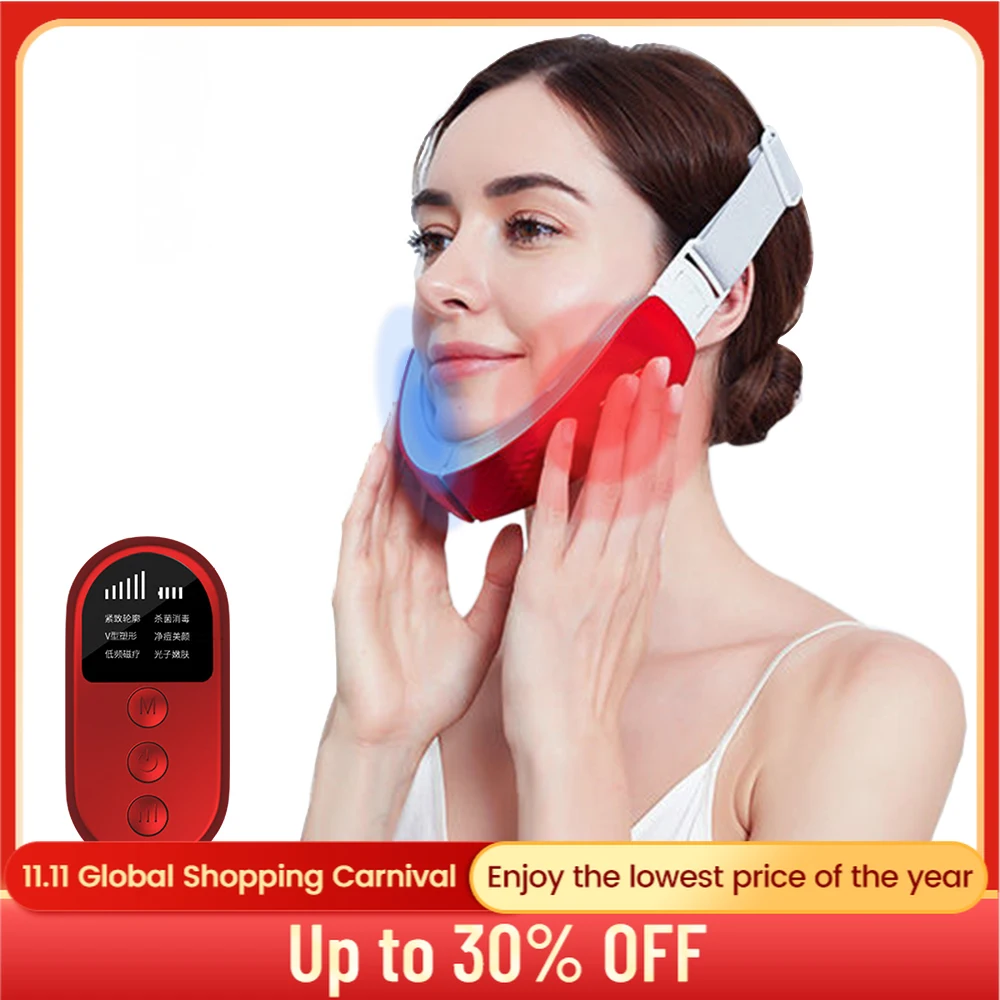 Chin V-Line Up Lift Belt Machine Red Blue LED Photon Therapy Facial Lifting Device Face Slimming Vibration Massager V-Face Care | Красота и