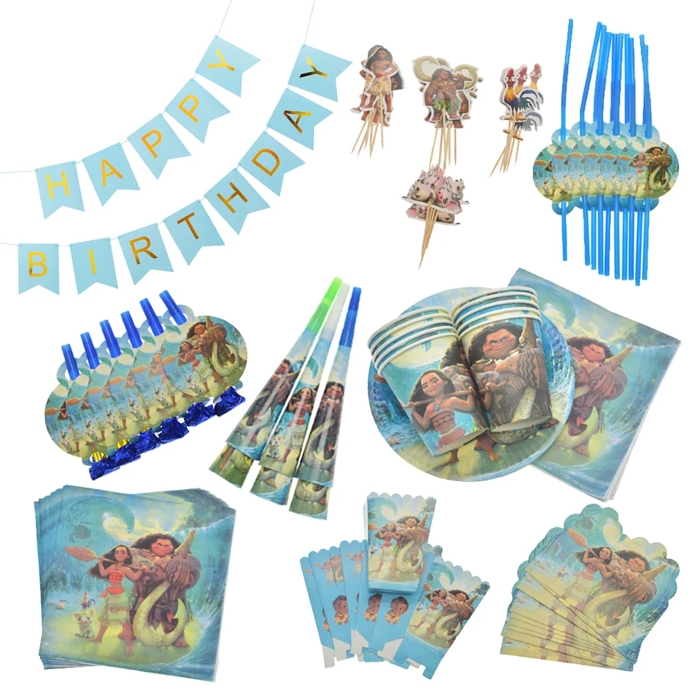

Moana Theme Cartoon Party Tableware Cup Straw Plate Napkins Candy Box Banner Flags Kid's Birthday Party Decorations Supplies