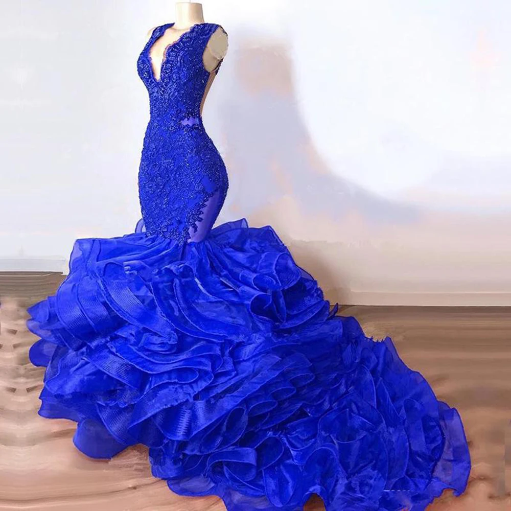 Royal Blue/Red Lace Appliques Beaded Mermaid Prom Dresses Tiered Organza V Neck Custom Made Sleeveless Evening Gowns For Women princess prom dresses