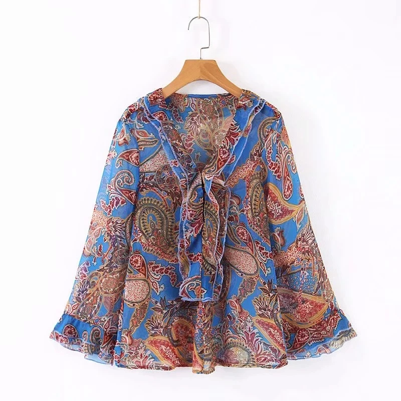 

Vintage Paisley Printing Women V Neck Chiffon Shirt Leisure Lady Flare Sleeve Blouse 2019 Autumn Female Loose Tops S6081