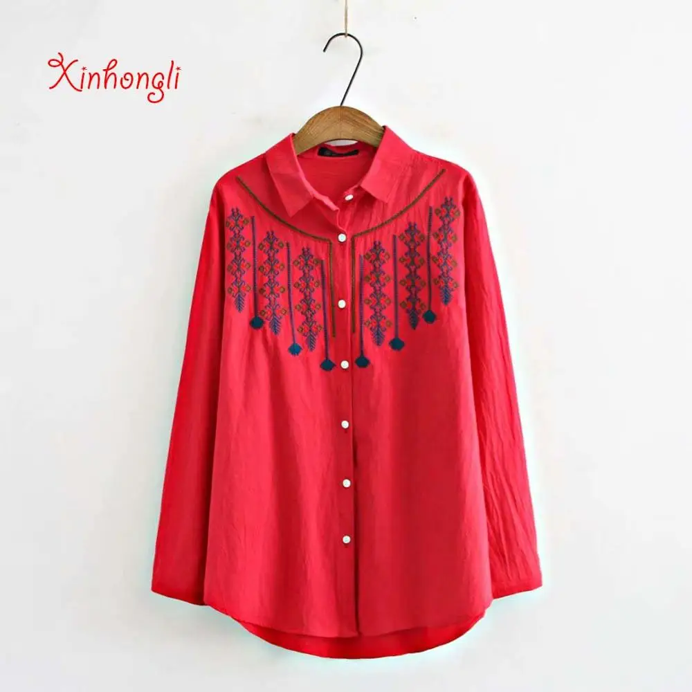

Plus size Embroidery cotton women loose blouse 2020 NEW spring autumn casual ladies red white navy shirts female tops oversize