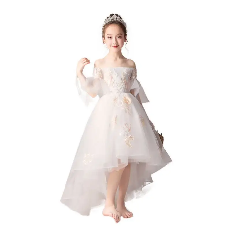 

2019 New Children Girls Embroidery Flower Trailing Dress Kids Girls Bridesmaid Wedding Vestido Tulle Evening Party Ball Gown F89