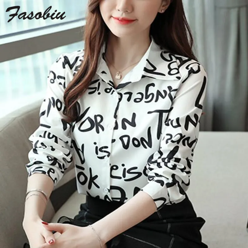 Осенний Новый стиль Женская рубашка с длинным рукавом принтом букв отложной