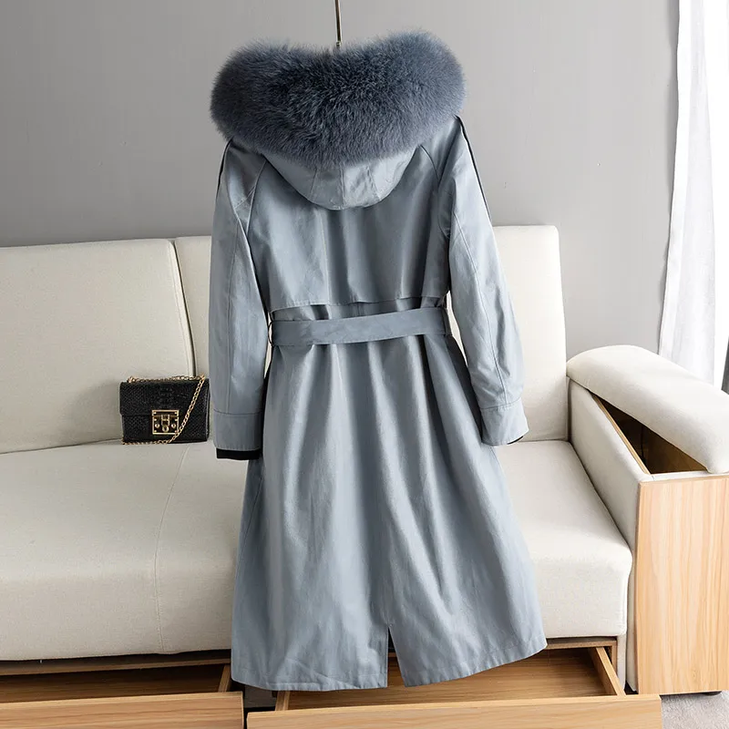 AYUNSUE/ пальто из натурального меха, женская теплая парка с натуральным кроличьим мехом, зимняя куртка, женский воротник из лисьего меха, корейские длинные куртки MY4074