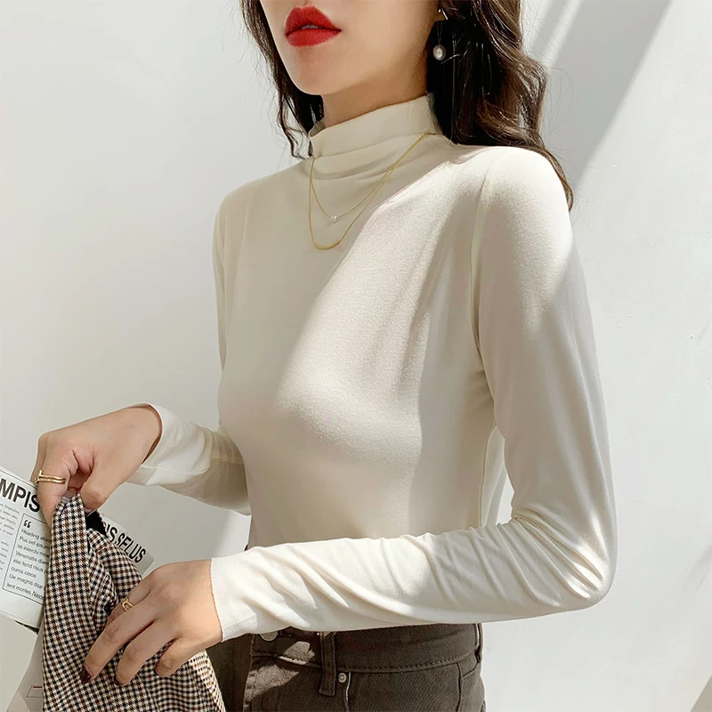 

Bottoming Shirt Women 2021 Autumn Korean Long-sleeved T-shirt Tops Mujer Clothing Women Blusas Solid White Grey Blue Black 2138