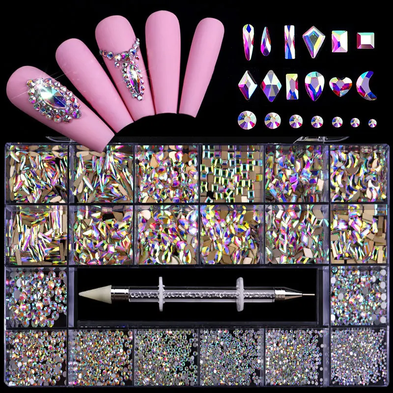 

21 Grids Crystals Diamonds Nail Rhinestones Set 3100pcs FlatBack Rhinestones Kit Sparkling Nail Art With 1 Pen For Decorations