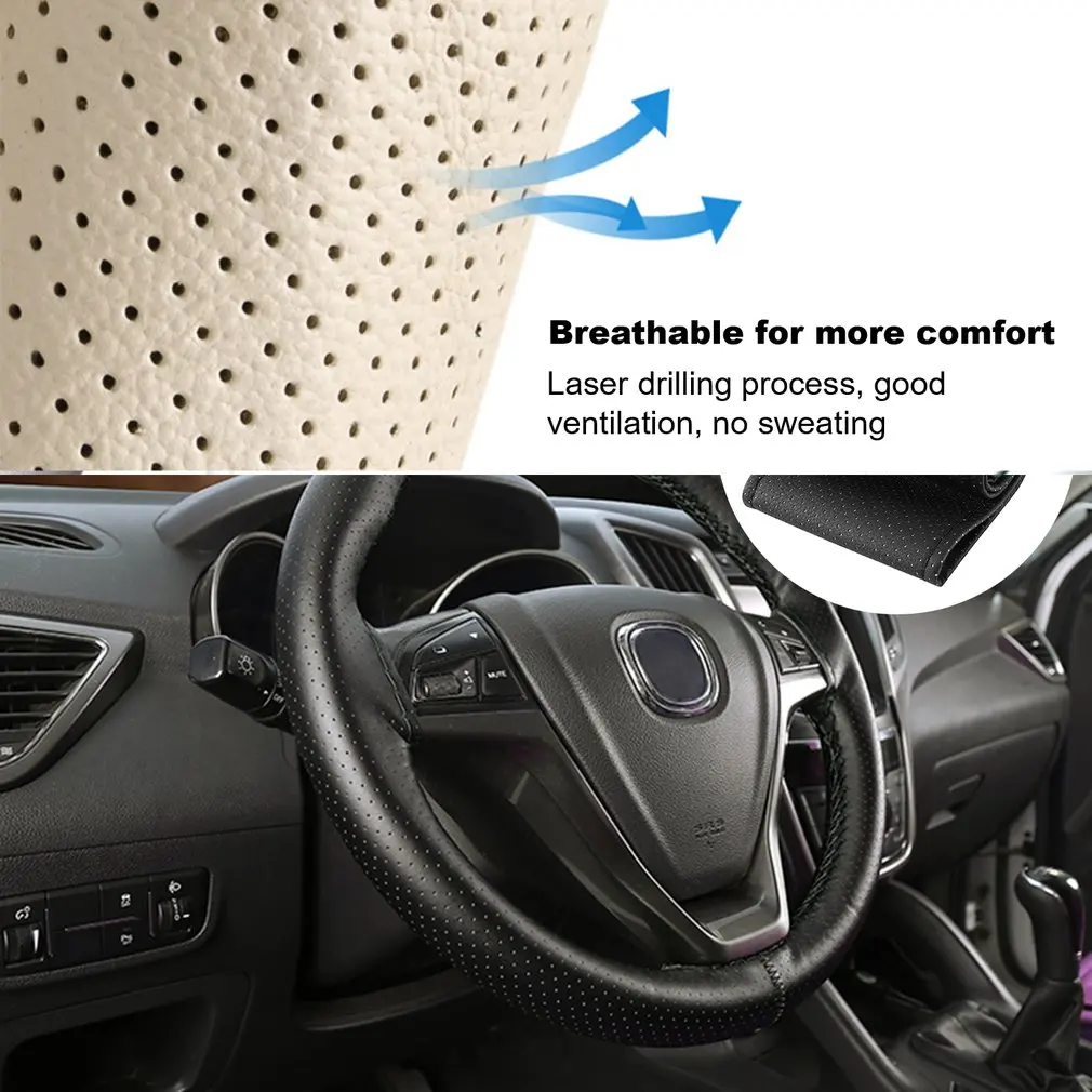 New Anti-slip Breathable PU Leather DIY Car Steering Wheel Cover Case With Needles and Thread Fit for Diameter 36-38cm