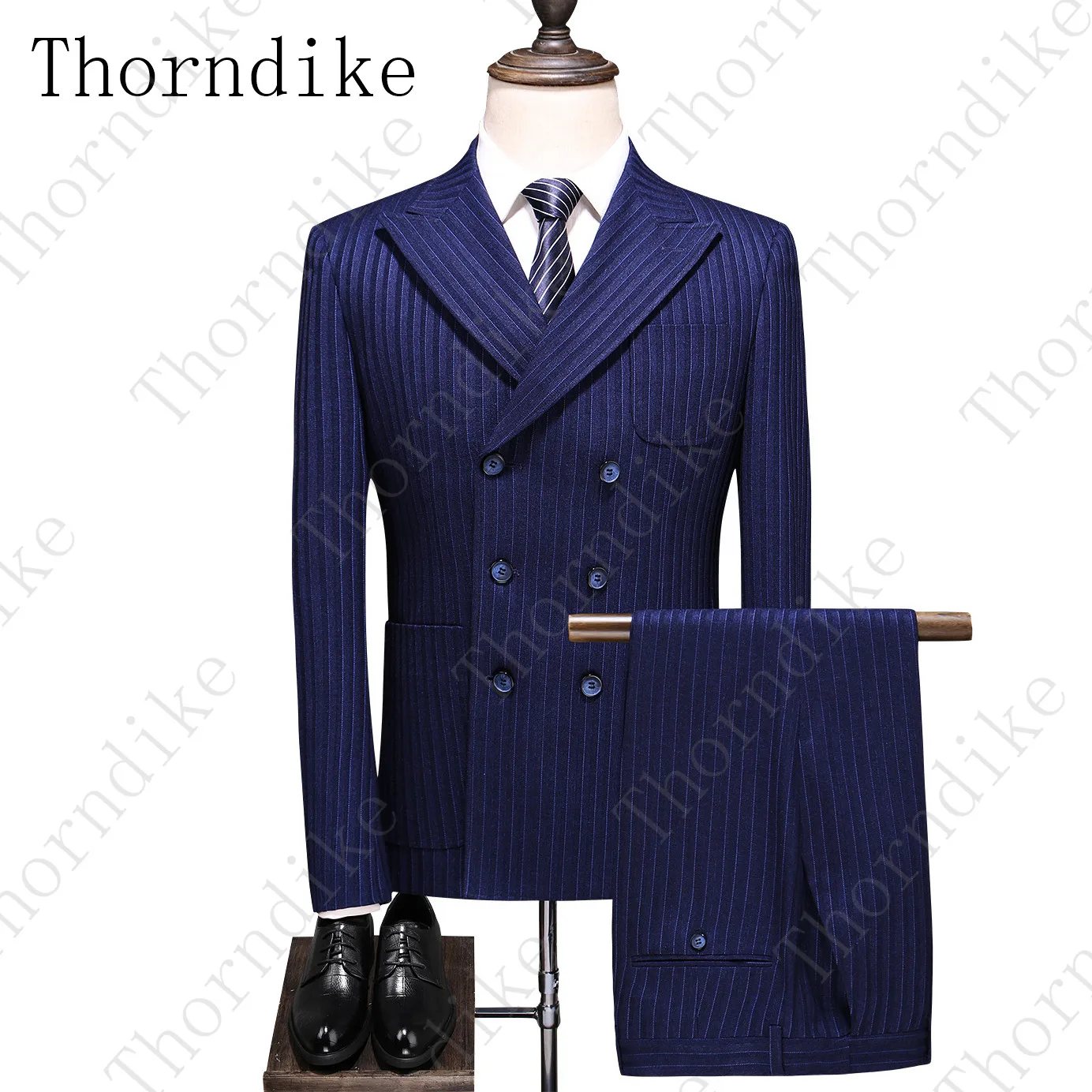 Thorndike, двубортный полосатый костюм для мужчин,, британский стиль, темно-синий цвет, тонкие мужские свадебные костюмы, деловые(пиджак+ жилет+ брюки
