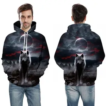 

Men Casual 3D Wolf Print Long Sleeve Drawstring Hooded Sweatshirt Hoodies