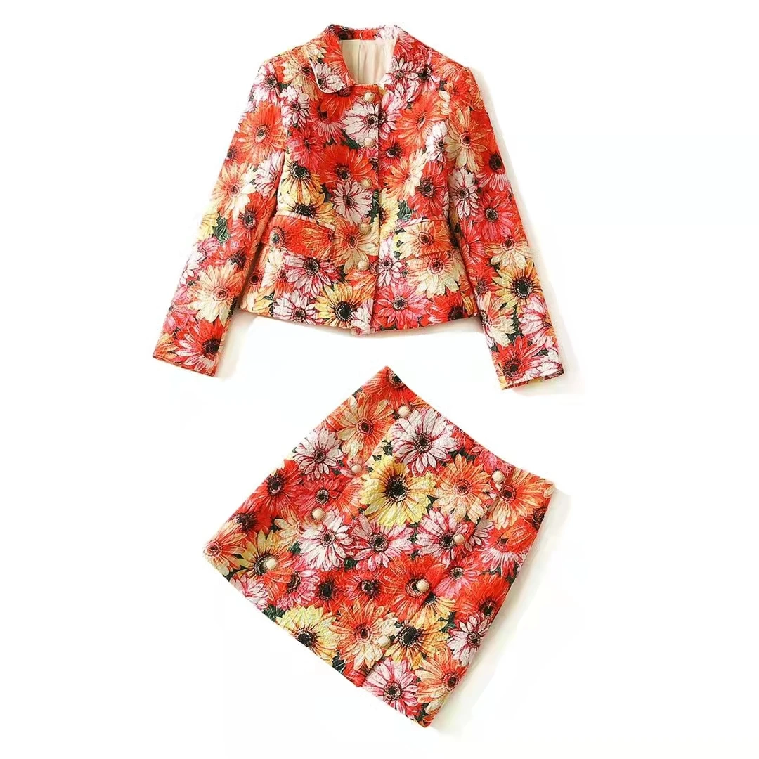 

European and American women's clothing winter 2022 new Long sleeve chrysanthemum print coat Jacquard skirt Fashion suits