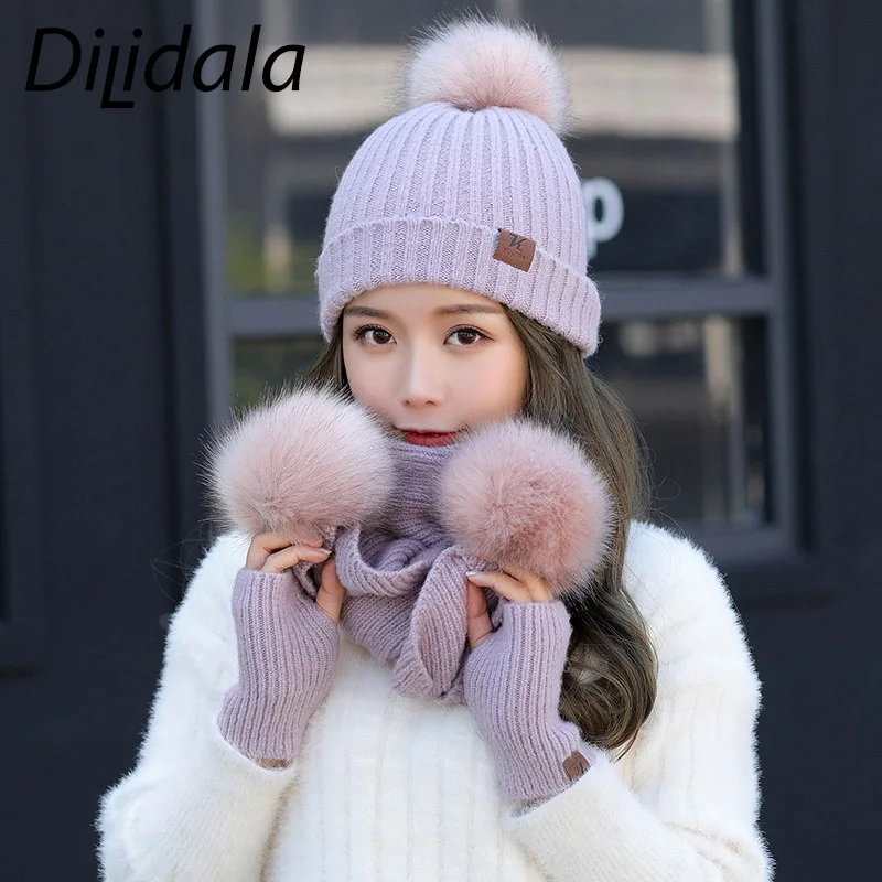 Dilidala Комплект из трех предметов зимняя женская шапка элегантная шерстяная шапка Высококачественная имитация кашемира шапка костюм плюс бархатная вязаная шапка