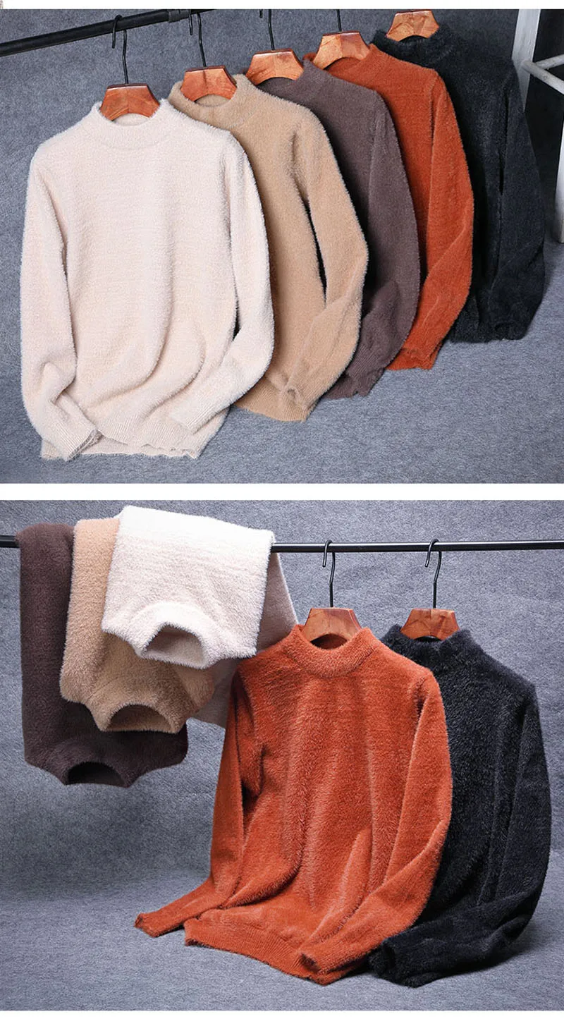 Autumn Winter Men Long Sleeve Sweater Solid Faux Mink Hair Knitted Half Turtleneck Pullovers Fashion All Match Jumpers 10 Colors